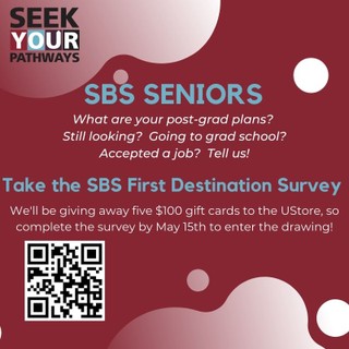 promotional slide for first destination survey, with QR code to access the survey in Handshake